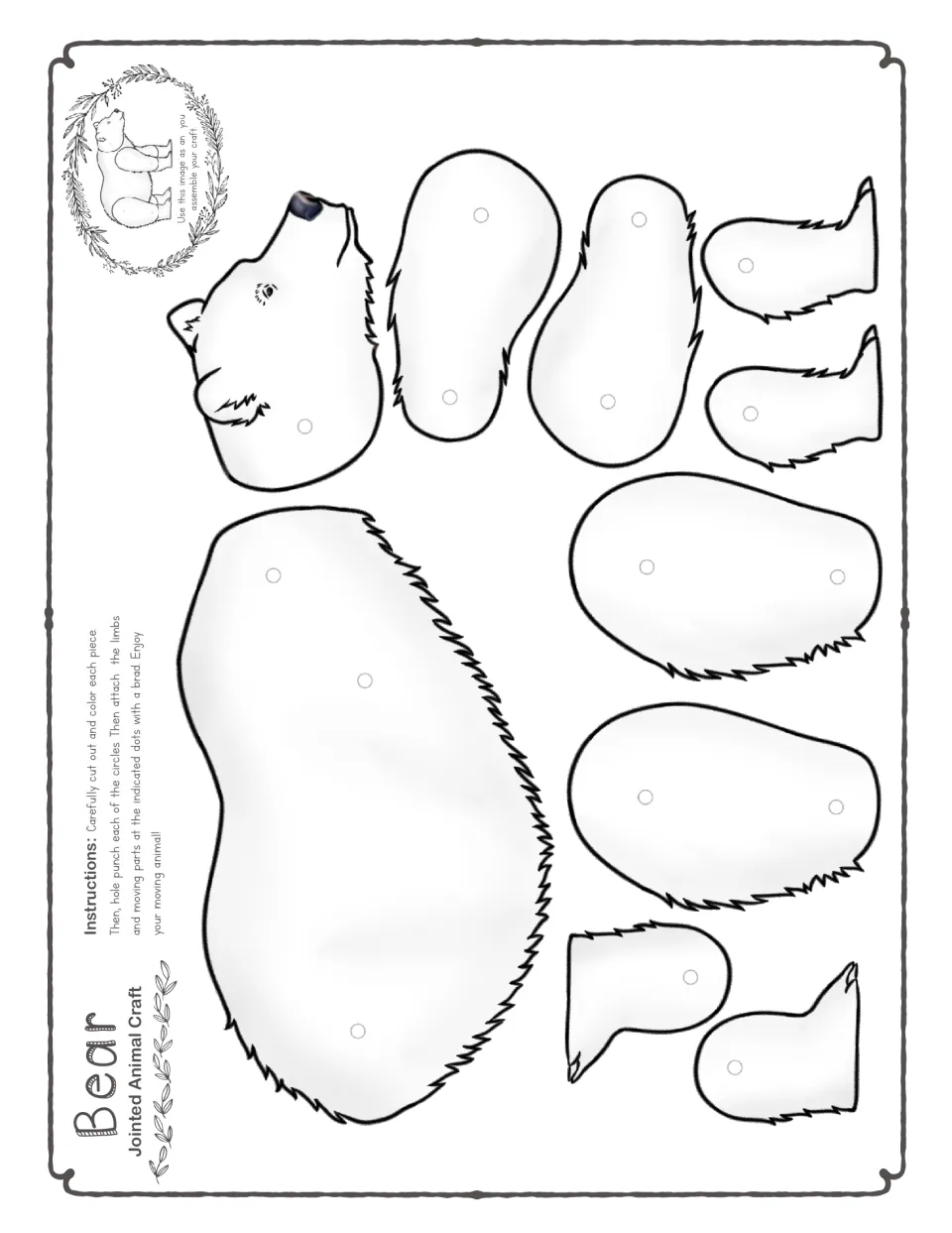 Black-and-white template for one four-leg bear, with a body, head, eight leg pieces, and marked brad holes