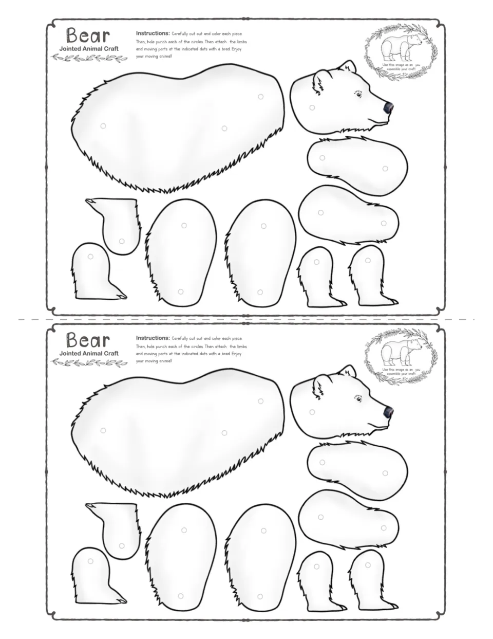Two black-and-white four-leg bear templates, each with a body, head, eight leg pieces, and brad hole marks