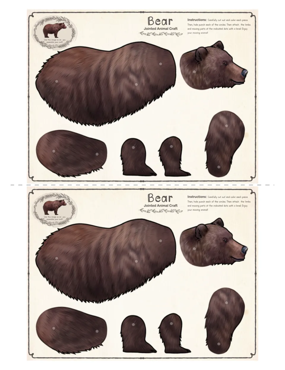 Two color two-leg bear craft templates, each with a body, head, four leg pieces, and marked brad holes