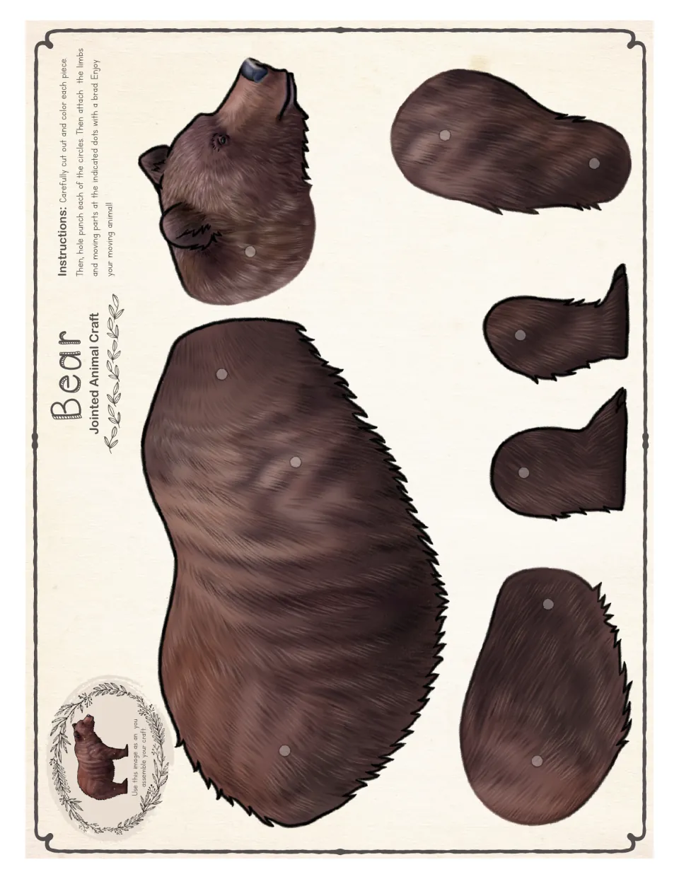 Color template for one two-leg bear craft, with a body, head, four leg pieces, and marked brad holes