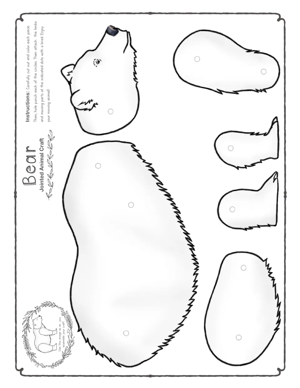 Black-and-white template for one two-leg bear, with a body, head, four leg pieces, and marked brad holes
