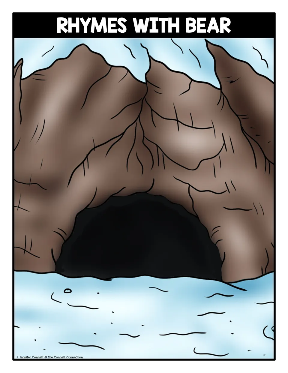 Rhyme sorting mat titled Rhymes With Bear: a snowy cave scene where students place bear word cards that rhyme with bear