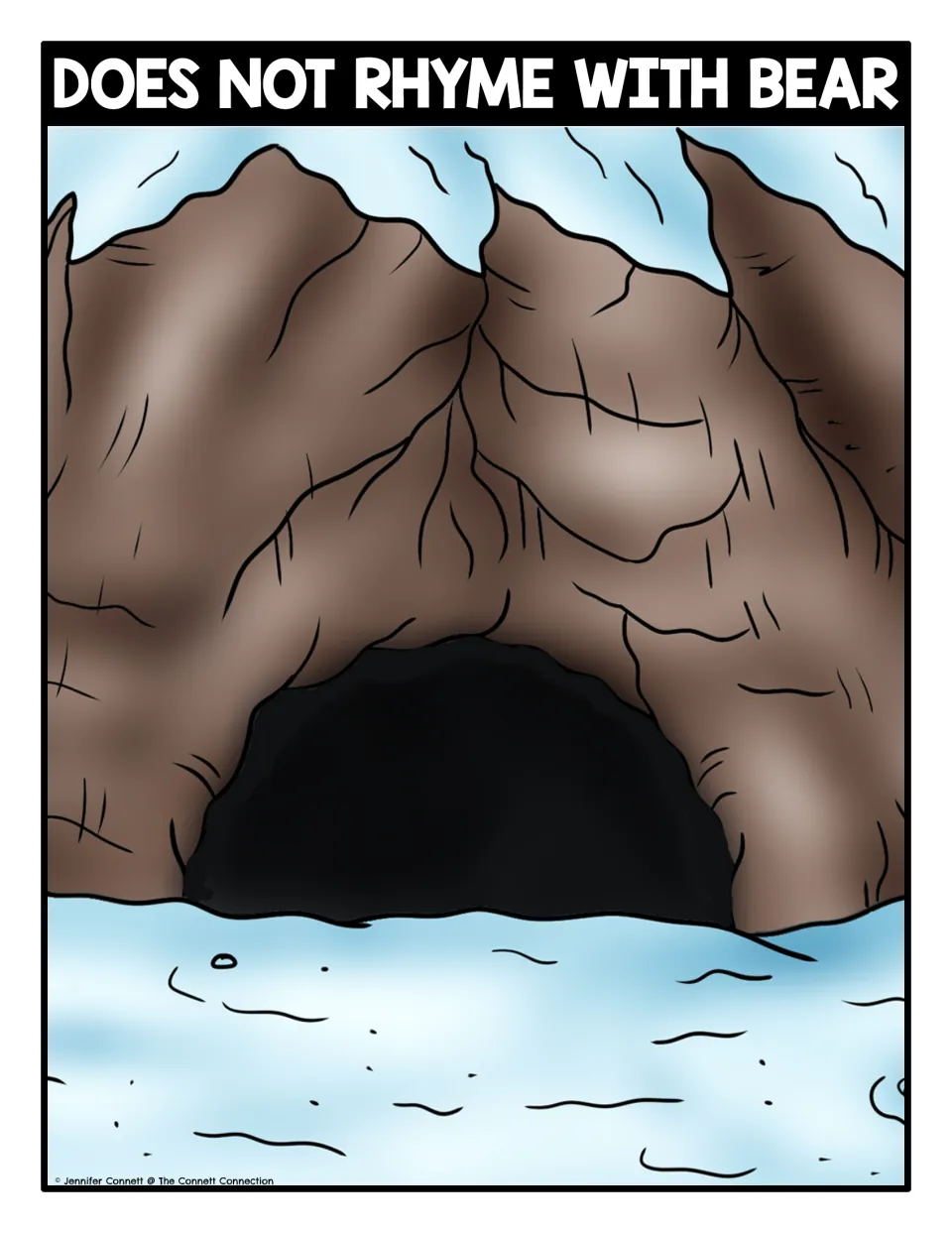 Does Not Rhyme With Bear sorting mat: a cave in the snow where students set picture cards for words that do not rhyme