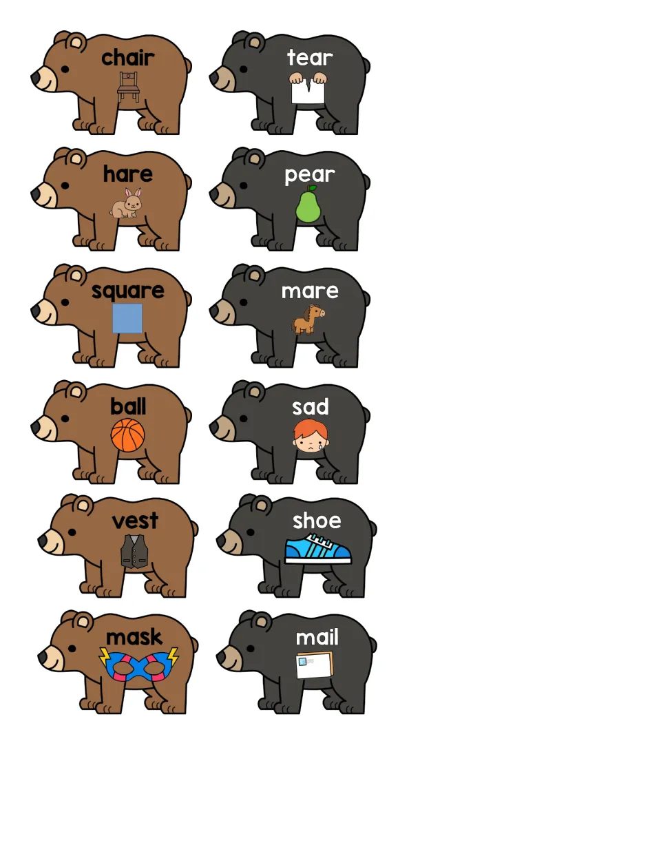 Rhyming sort cut-out cards: 12 bears with word and picture, such as chair, pear, square, mare, ball, shoe and mail