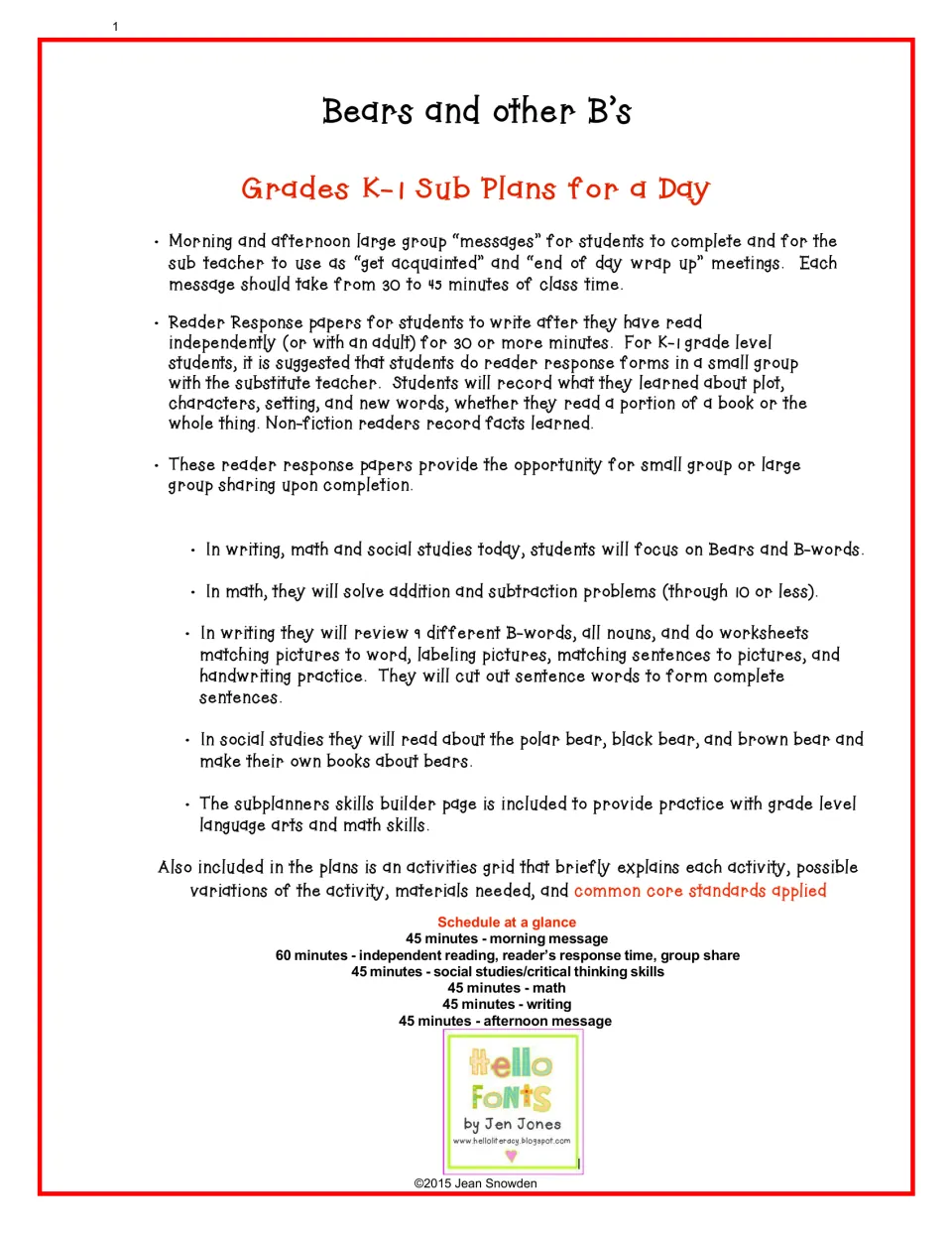 Sub plan overview of bear and B-word lessons in math, writing and social studies, with a schedule at a glance