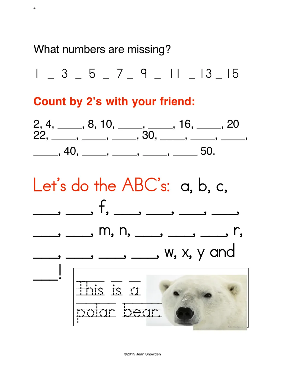 Practice: missing numbers 1–15, counting by 2s to 50, missing ABC letters and tracing 'This is a polar bear.'