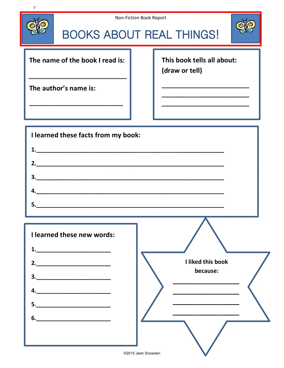 Nonfiction book report 'Books About Real Things!': book name, author, 5 facts, 6 new words and why I liked it