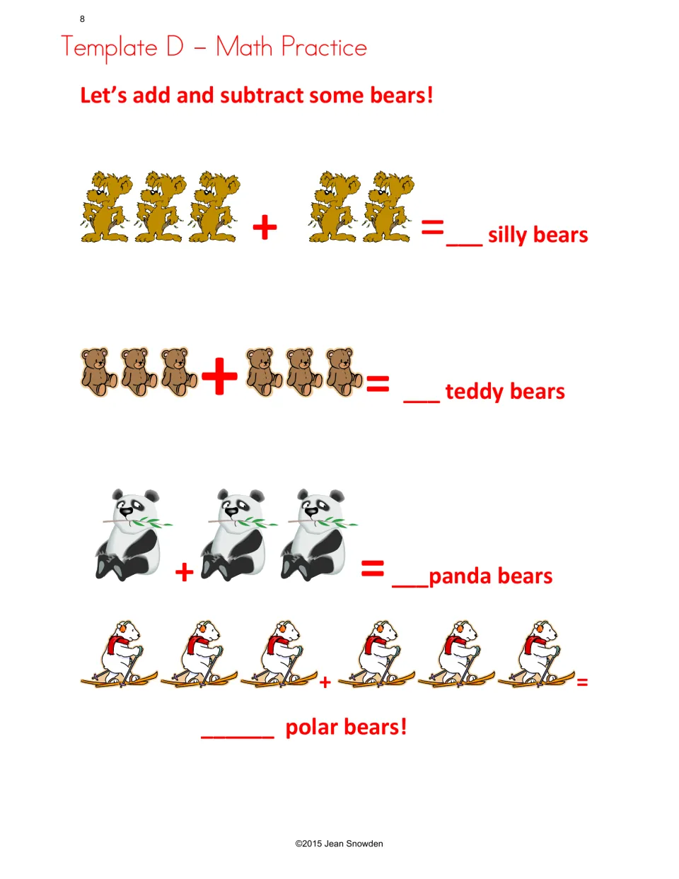 Template D math, adding bear pictures: silly bears 3 + 2, teddy bears 3 + 3, panda bears 1 + 2, polar bears 3 + 3