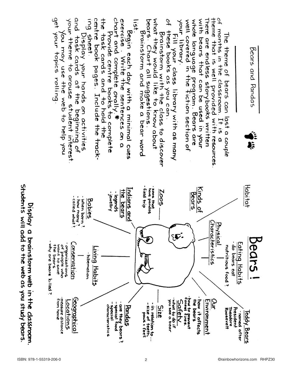 Theme intro notes and a 'Bears!' brainstorm web: habitat, kinds of bears, babies, pandas and more