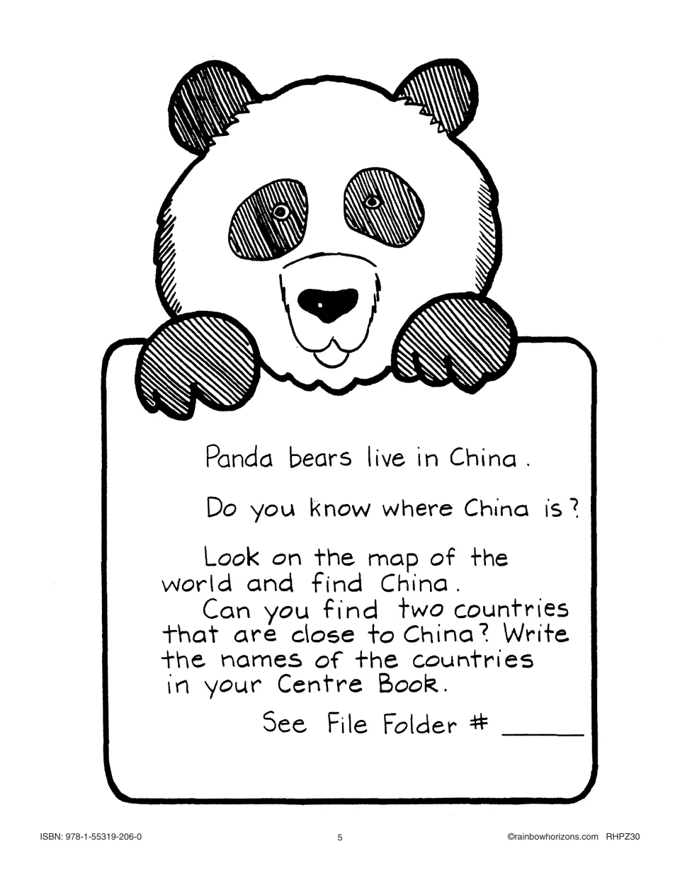 Panda task card: 'Panda bears live in China,' asking students to find China and two nearby countries on a map