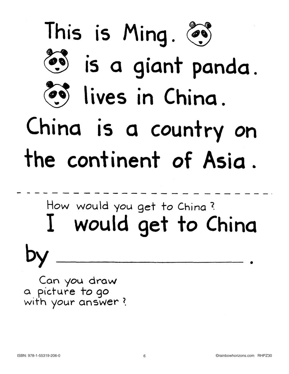 Ming the giant panda lives in China, in Asia, with the prompt 'I would get to China by ___' and a drawing task
