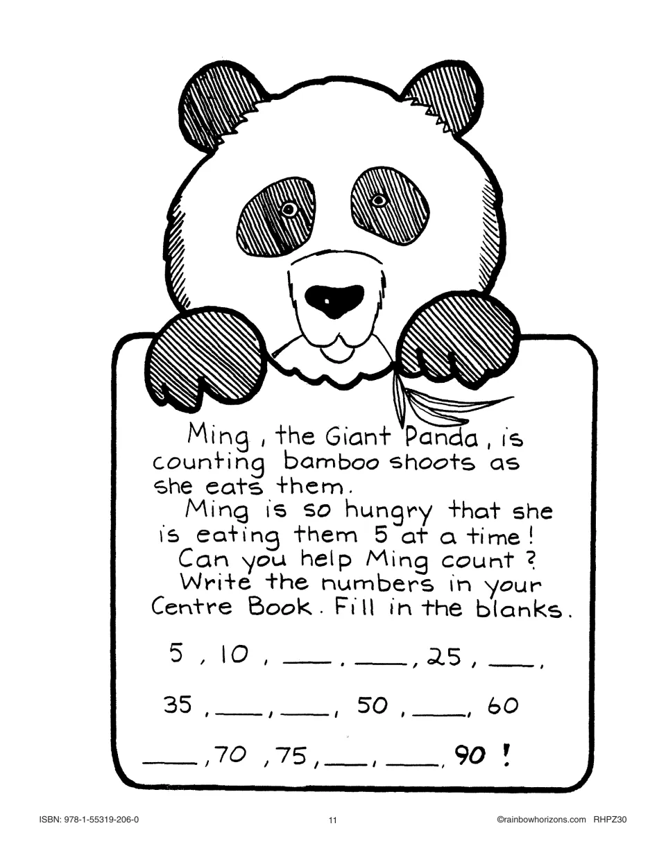 Panda task card: Ming counts bamboo shoots by 5s, with blanks to fill from 5 to 90