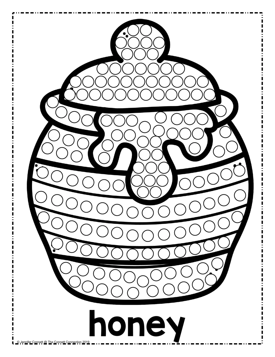 Honey dot painting: students fill each circle on a dripping honey pot with a dot marker, then read the word honey