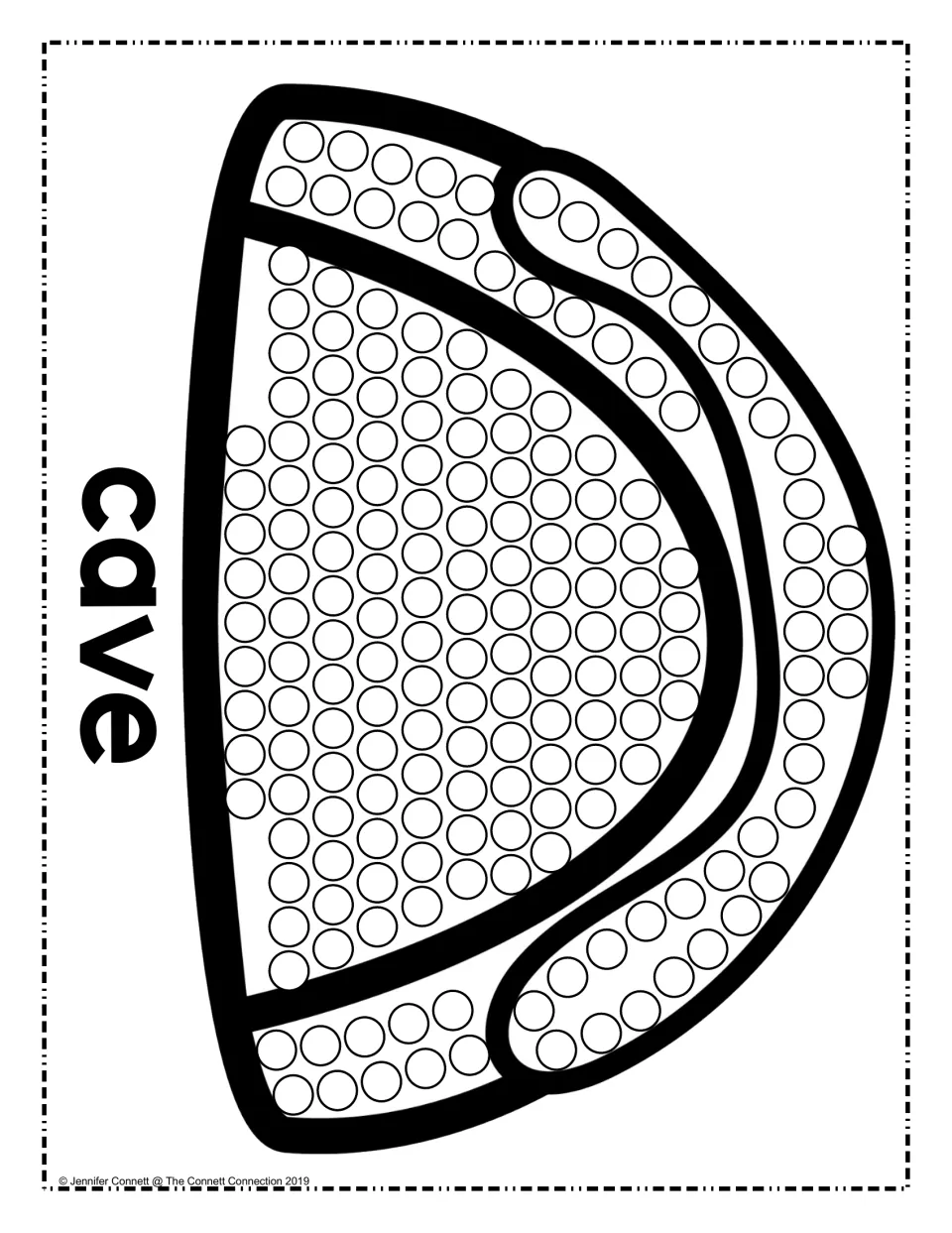 Cave dot painting: students dot every circle in the cave opening and the arch around it, labeled with the word cave