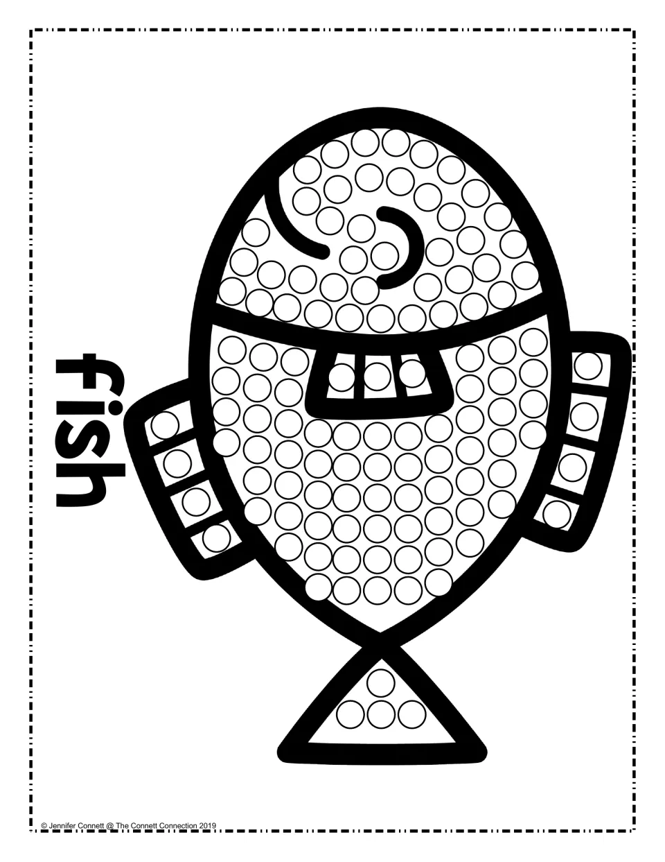 Fish dot painting: students press a dot marker into each circle on a fish's body, fins and tail, beside the word fish