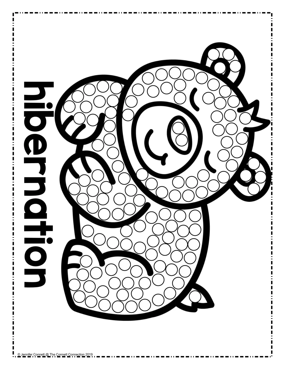 Hibernation dot painting: students fill the circles on a curled-up sleeping bear using dot markers, labeled hibernation