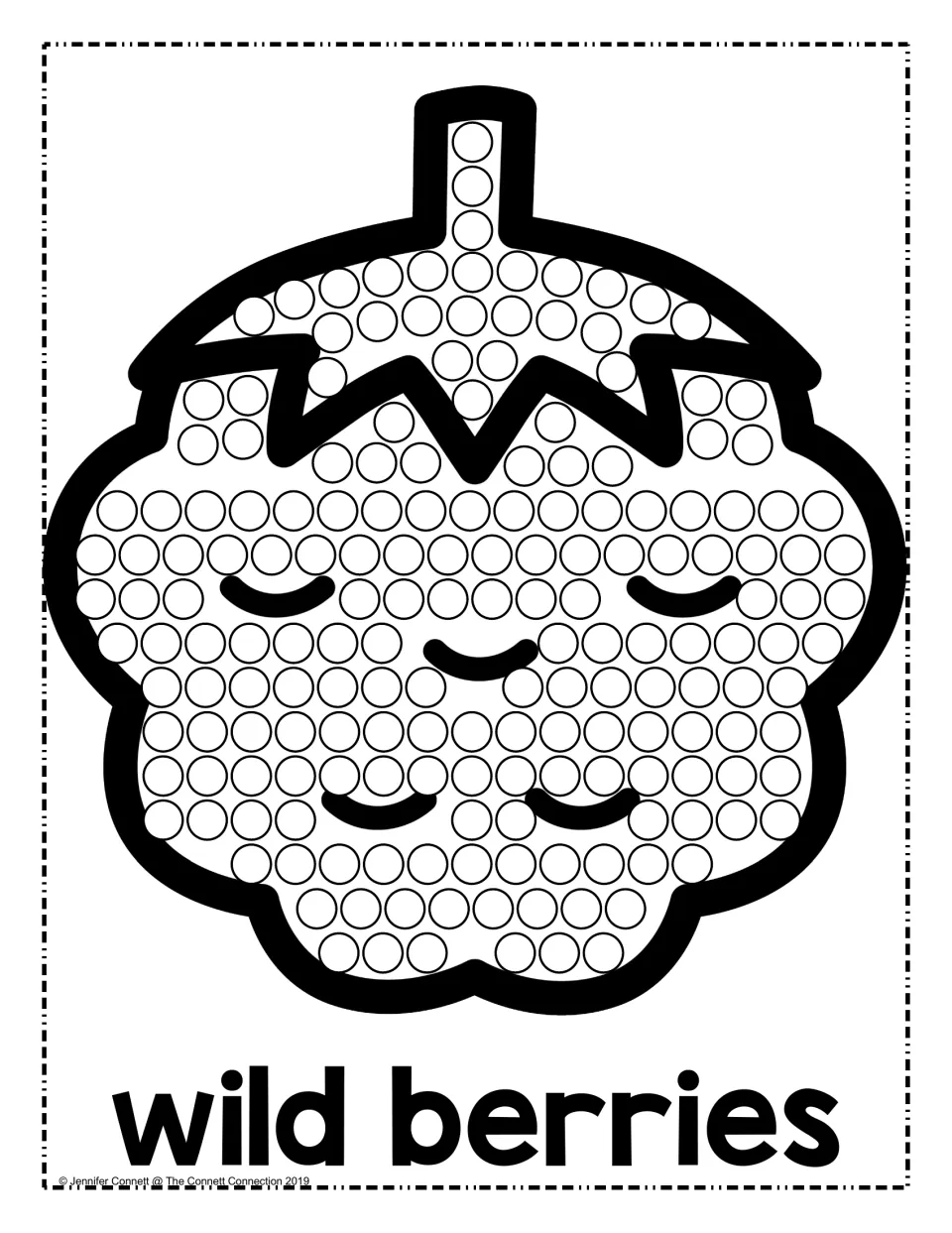 Wild berries dot painting: students dot each circle on a smiling berry topped by a leafy stem, labeled wild berries