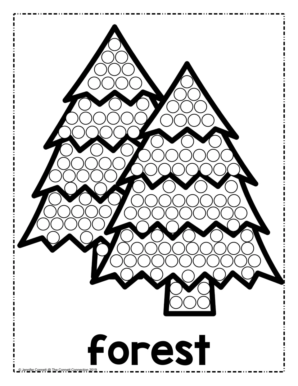 Forest dot painting: students fill the circles on two layered pine trees and a trunk with dot markers, labeled forest
