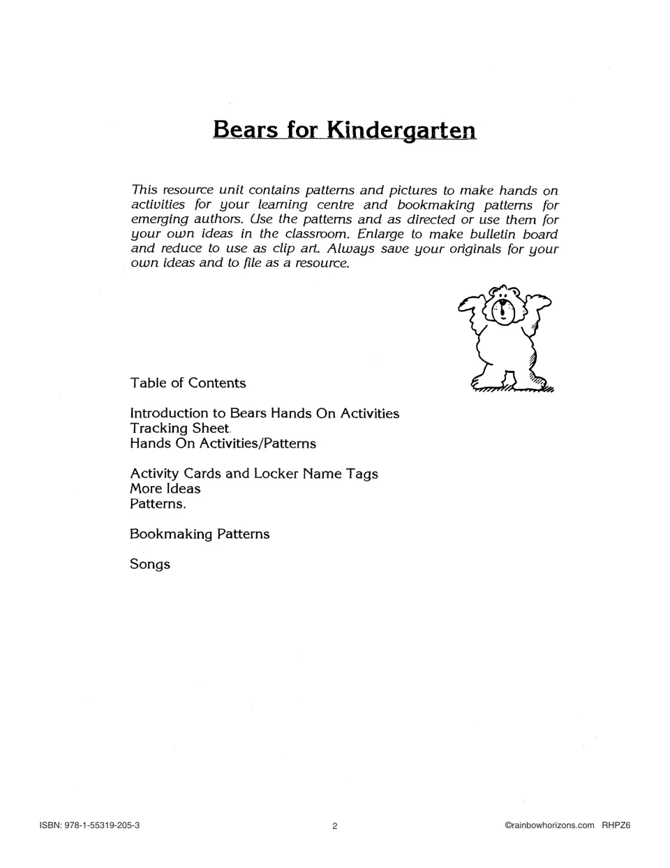 Bears unit introduction and contents: hands-on activities, tracking sheet, name tags, bookmaking patterns, songs