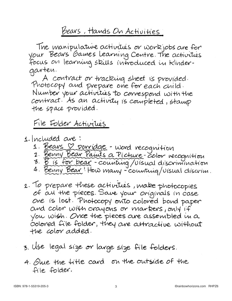 File folder activity directions: Bears Love Porridge, Benny Bear Paints a Picture, B Is for Bear and one more
