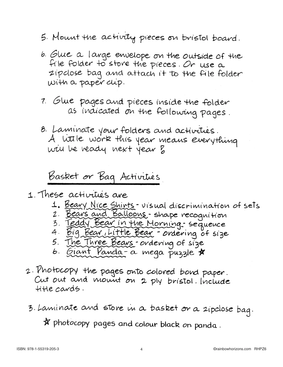 File folder steps 5–8, then basket or bag activities: Beary Nice Shirts, Bears and Balloons and 4 more