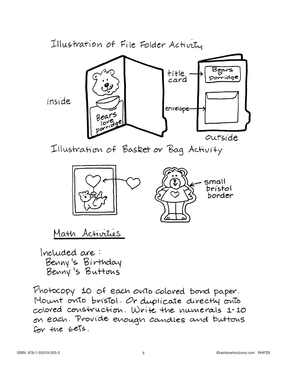 Sketches of a finished file folder and basket activity, plus math activities Benny's Birthday and Benny's Buttons