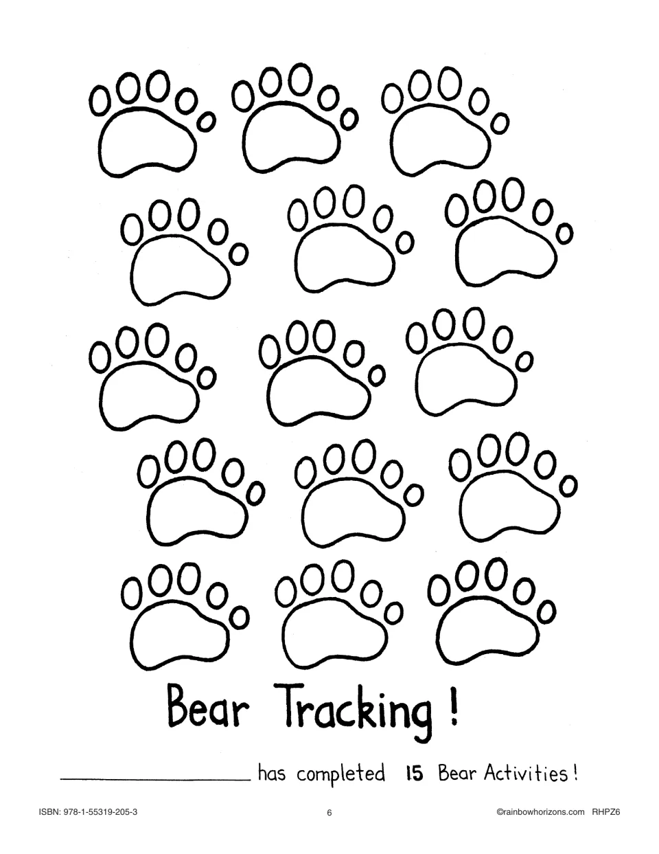 Bear Tracking! contract: 15 paw prints to stamp, one per activity, and 'has completed 15 Bear Activities!'
