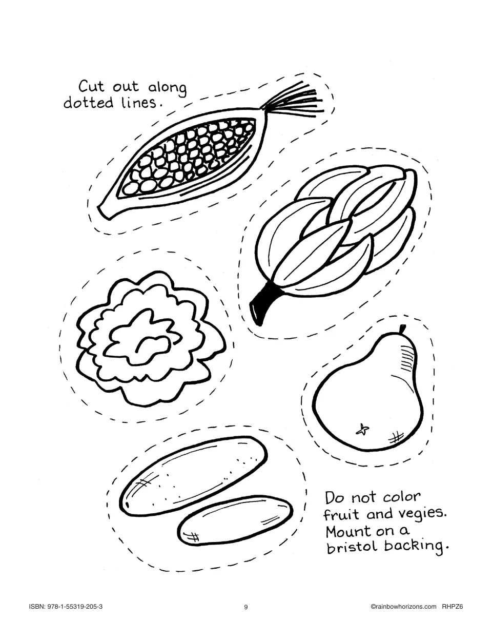 Cut-out food pieces for Benny Bear Paints a Picture: corn, banana, lettuce, pear and cucumbers, left uncolored