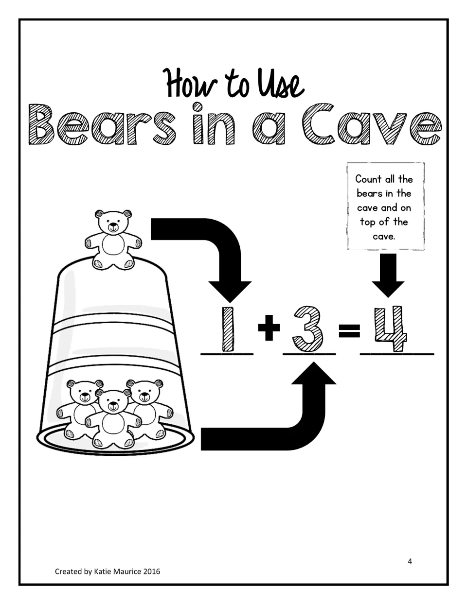 Instructions model 1 + 3 = 4 using one bear on a cup and three inside, counting all the bears to find the sum