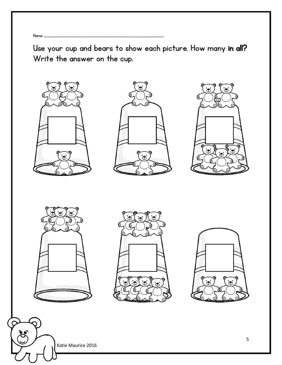 First counting activity: model six pictures with a cup and bears, then write how many bears there are in all