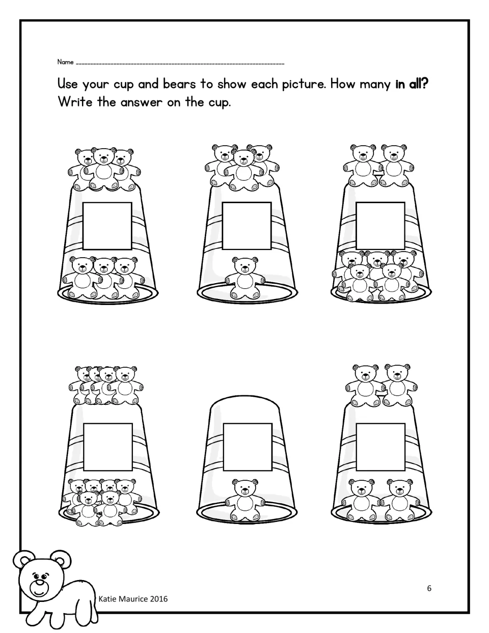 Second counting activity: use a cup and bears to model six new pictures and record the total for each cup