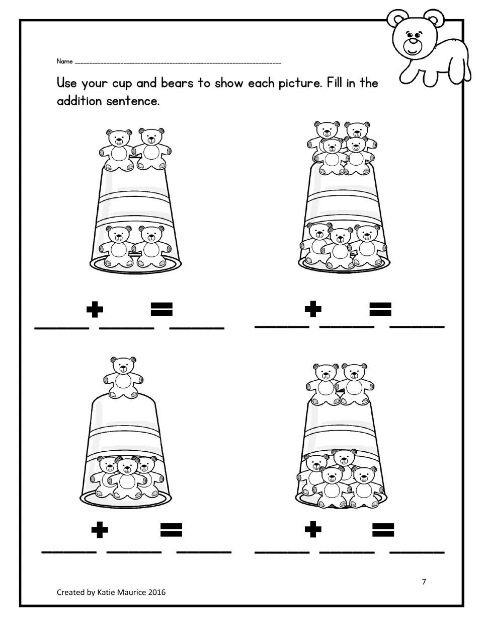 First addition-sentence activity: model four cup-and-bear pictures, including 2 + 2, and fill in each equation