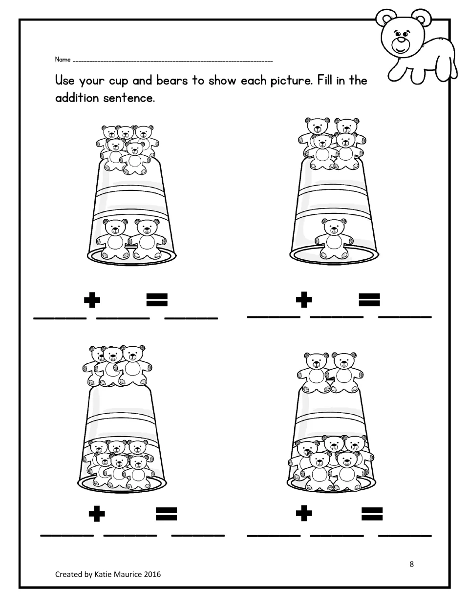 Second addition-sentence activity: model four bear pictures showing 5 + 2, 4 + 1, 3 + 6, and 2 + 5