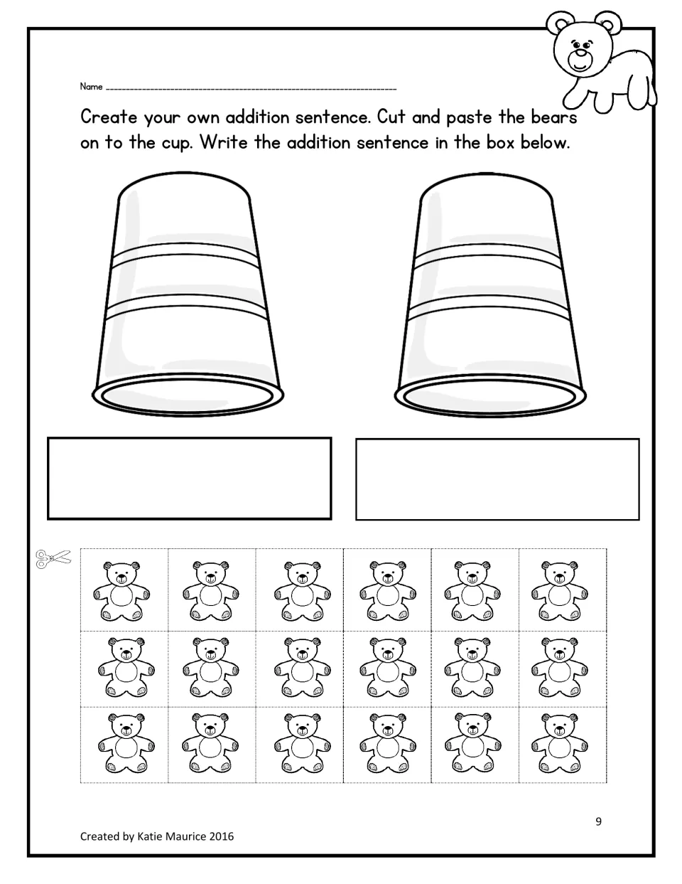 Cut-and-paste addition activity with 18 bear cutouts and two cups for creating and writing addition sentences