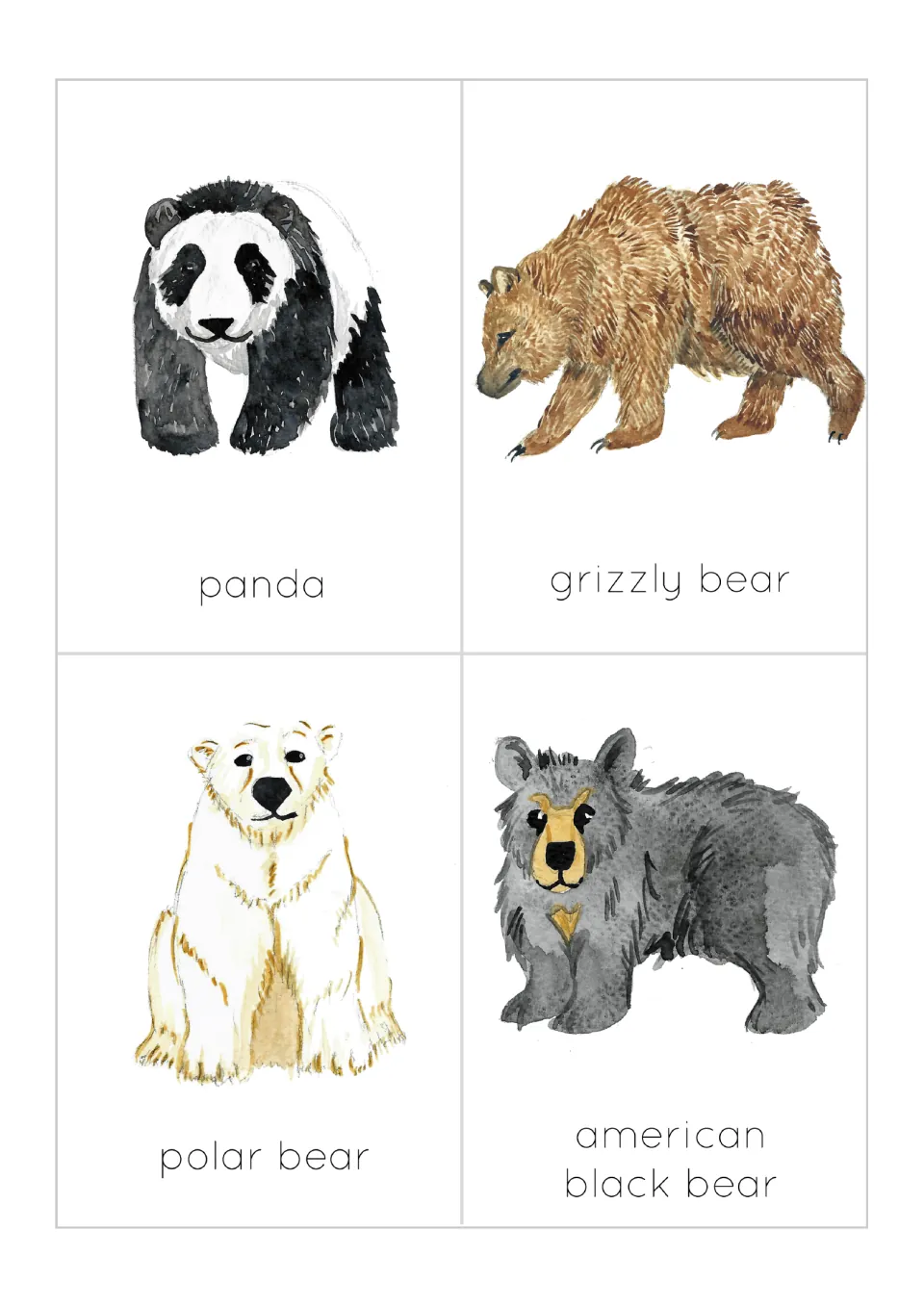 Bear flashcards: watercolor panda, grizzly bear, polar bear and American black bear, each named under its picture