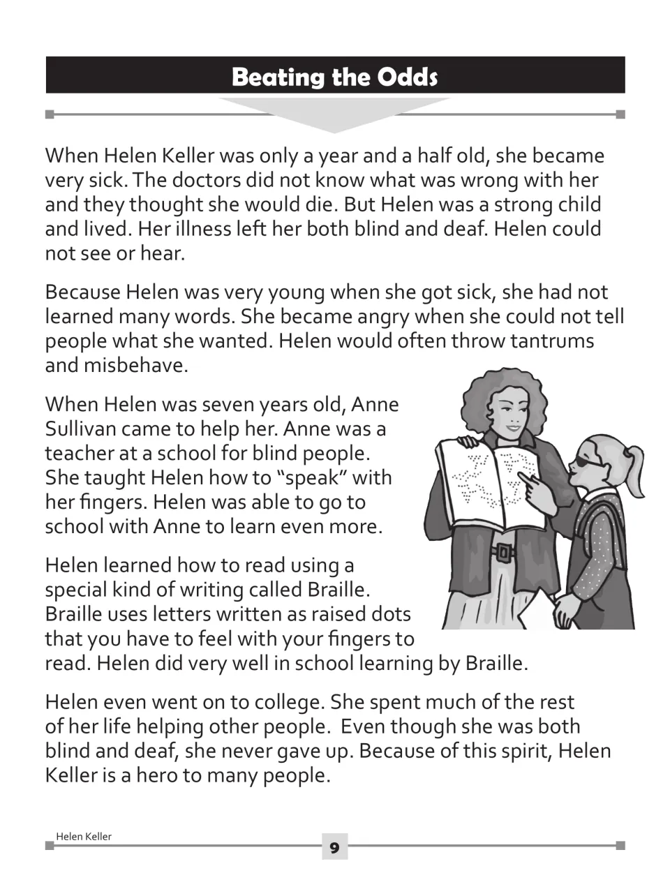 Helen Keller article: her childhood illness, Anne Sullivan as her teacher, and learning to read Braille