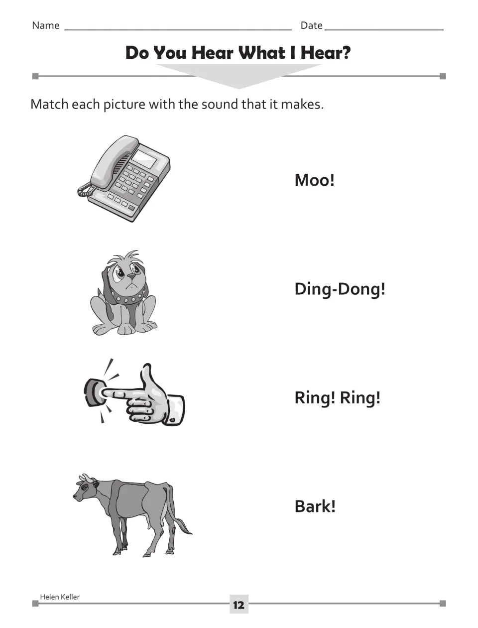 'Do You Hear What I Hear?' matching: phone, dog, doorbell and cow to Moo!, Ding-Dong!, Ring! Ring! and Bark!