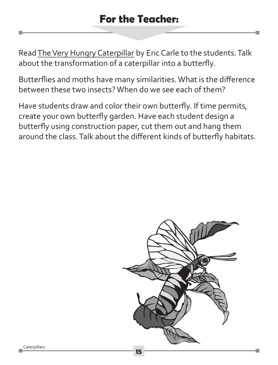 For the Teacher: read The Very Hungry Caterpillar, compare butterflies and moths, and make a class butterfly garden