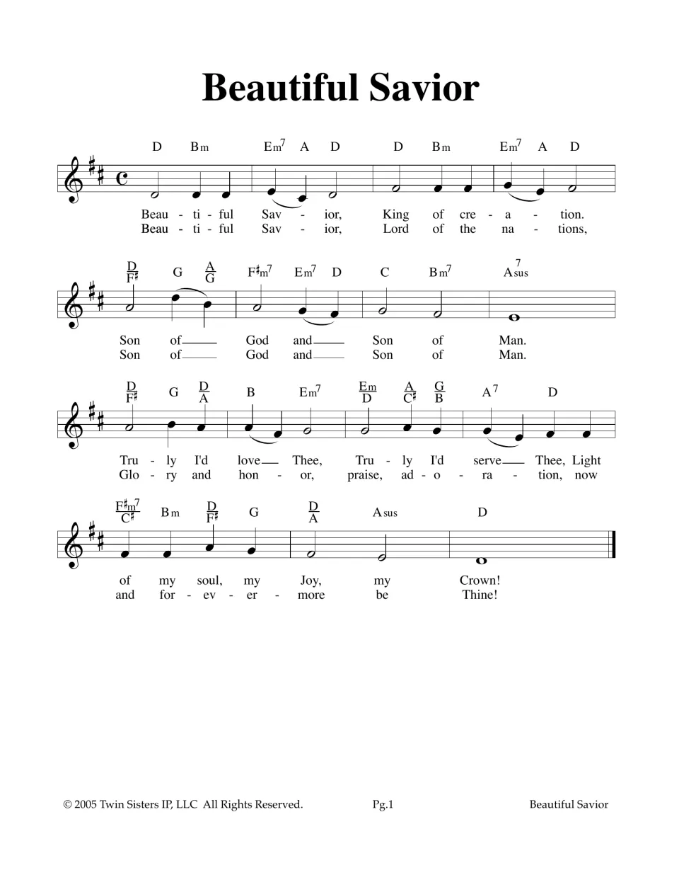 Beautiful Savior lead sheet in D major: 4/4 melody with chord symbols and two verses of lyrics for singing or playing