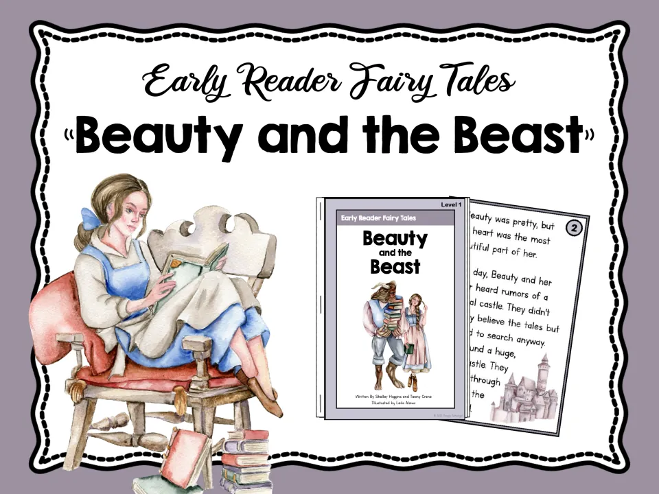 Early Reader Fairy Tales: Beauty and the Beast cover showing a Level 1 booklet and a story page, with a girl reading
