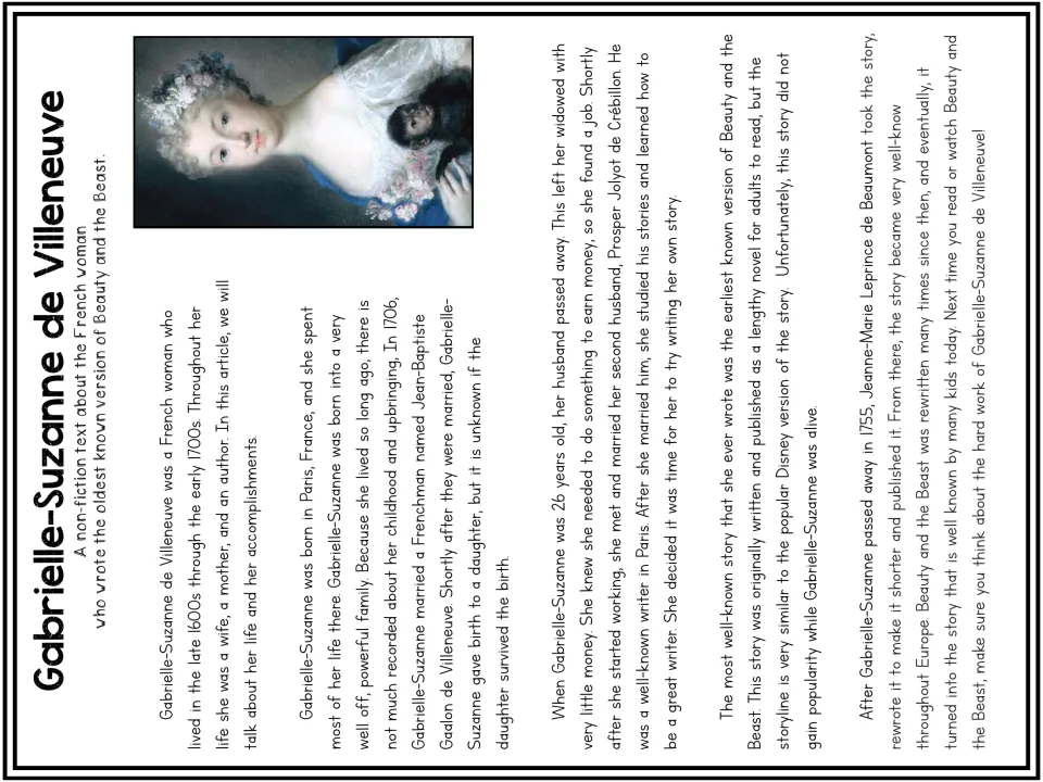 Nonfiction article on Gabrielle-Suzanne de Villeneuve, the French author who wrote the oldest known version of the tale