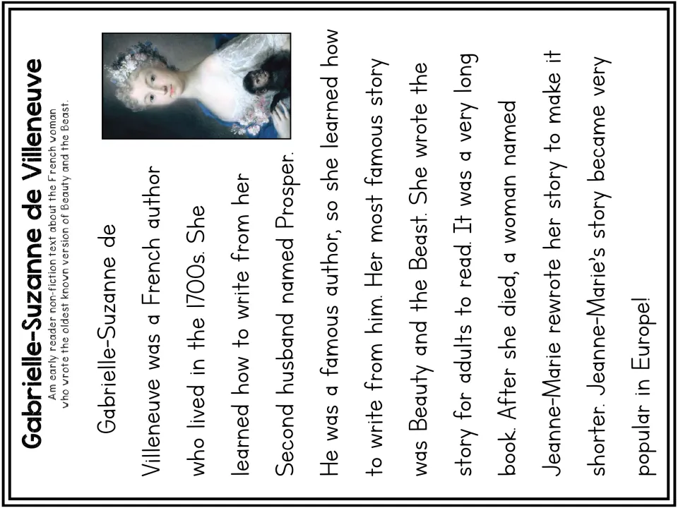 Early reader passage on Gabrielle-Suzanne de Villeneuve: short, large-print text about her life and the long adult story