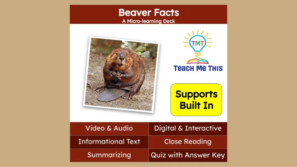 Cover of Beaver Facts: a micro-learning deck featuring video, audio, informational text, and a quiz