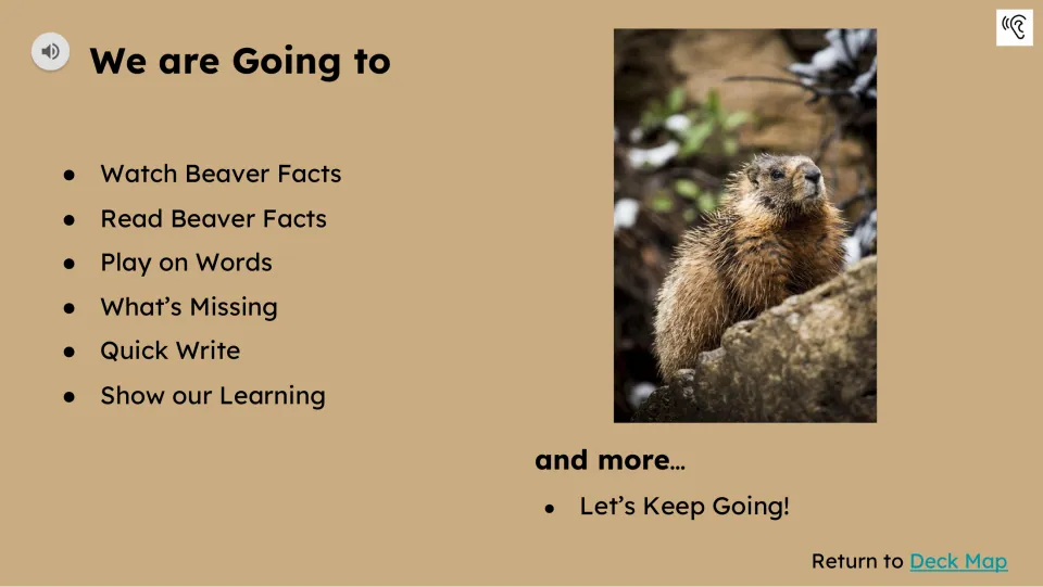 Activity agenda lists watching, reading, Play on Words, What's Missing, Quick Write, and Show our Learning