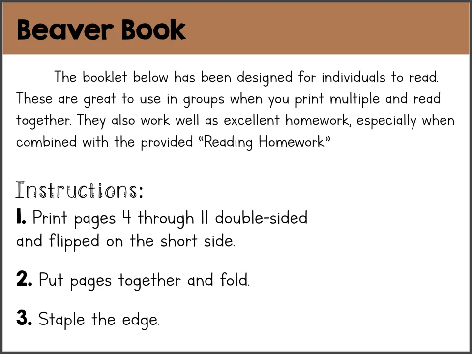 Beaver booklet assembly guide: print pages 4–11 double-sided, flip on the short side, fold, and staple