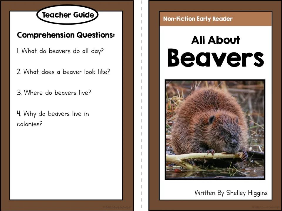 Beaver booklet cover and teacher guide with four questions about daily life, appearance, homes, and colonies