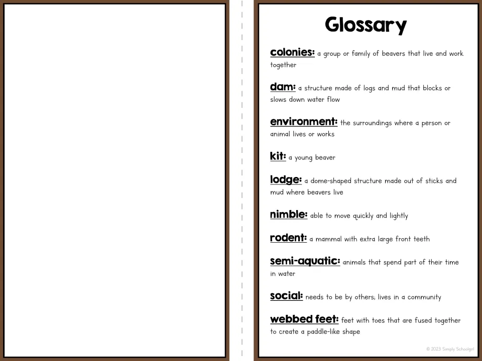 Beaver booklet glossary defining colonies, dam, environment, kit, lodge, nimble, and four more terms