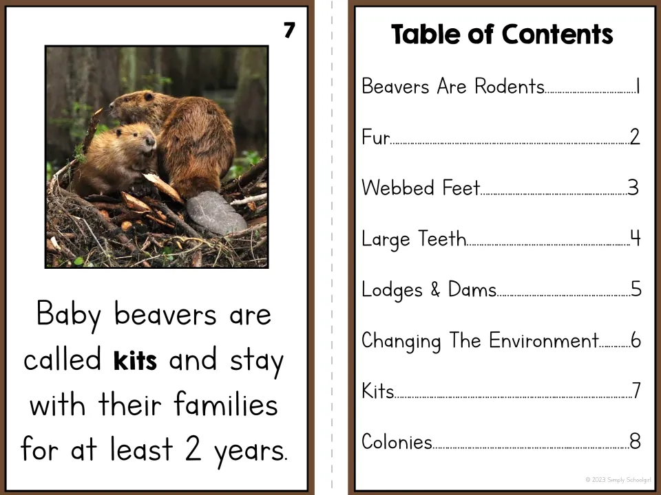 Beaver reader page 7 says kits stay with their families for at least two years; contents lists eight topics