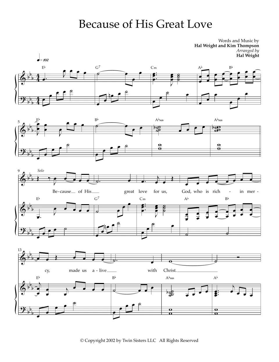 Because of His Great Love, bars 1-16: piano intro in E-flat, then solo verse 'God, who is rich in mercy' with chord names
