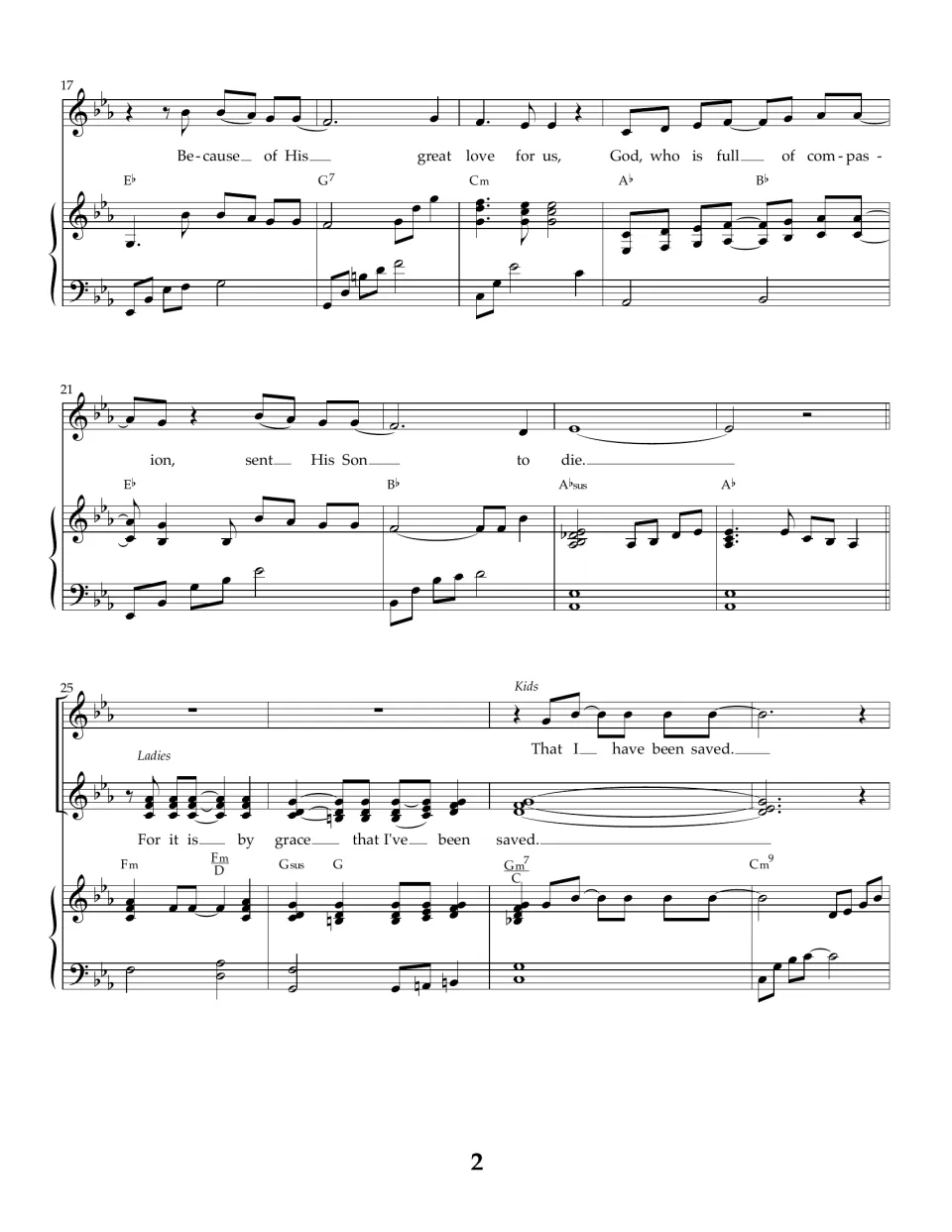Song score bars 17-28: solo verse on compassion and 'sent His Son to die', then Ladies and Kids sing 'by grace... saved'